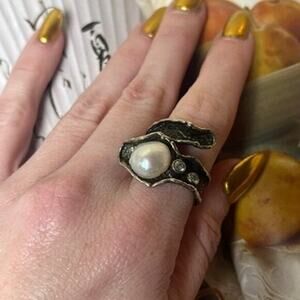 Artisan Sterling Silver Genuine Pearl and Sparkling CZ Wrap Ring